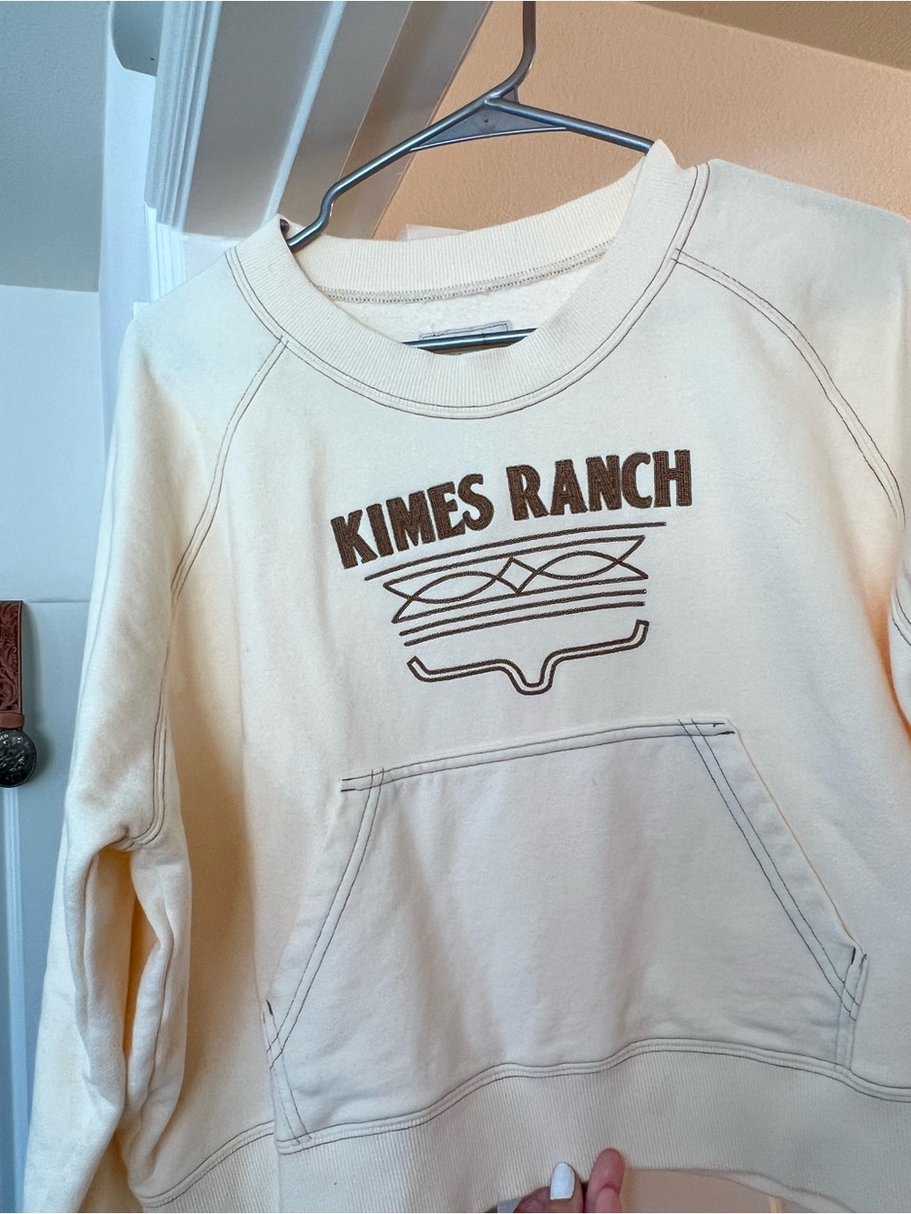 Kimes Ranch Women's Cream Cropped Embroidered in Brown Graphic Sweatshirt